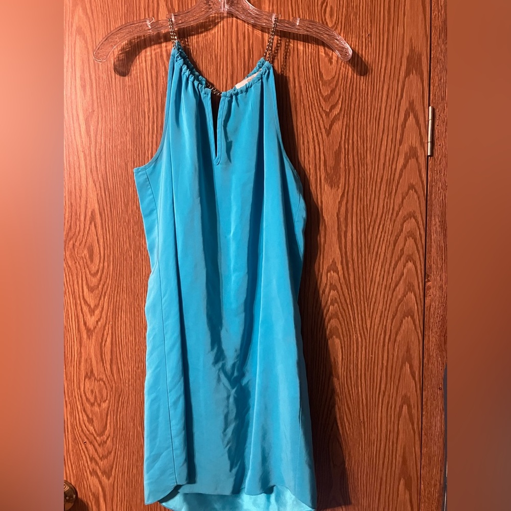 Amanda Uprichard Turquoise Blue Silk Dress with Gold Shain Straps and V Back